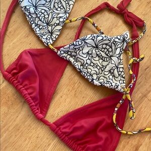 2 Bikini Tops - M size Red and Patterned